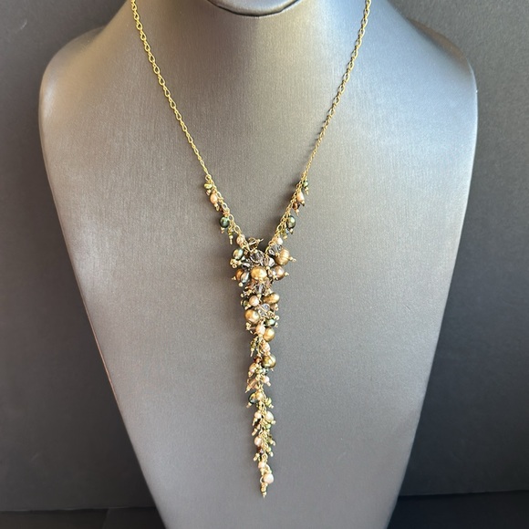 14K GF Necklace Cascading Cluster Beads Pearls & Faceted Crystals Multicolored - Picture 1 of 11